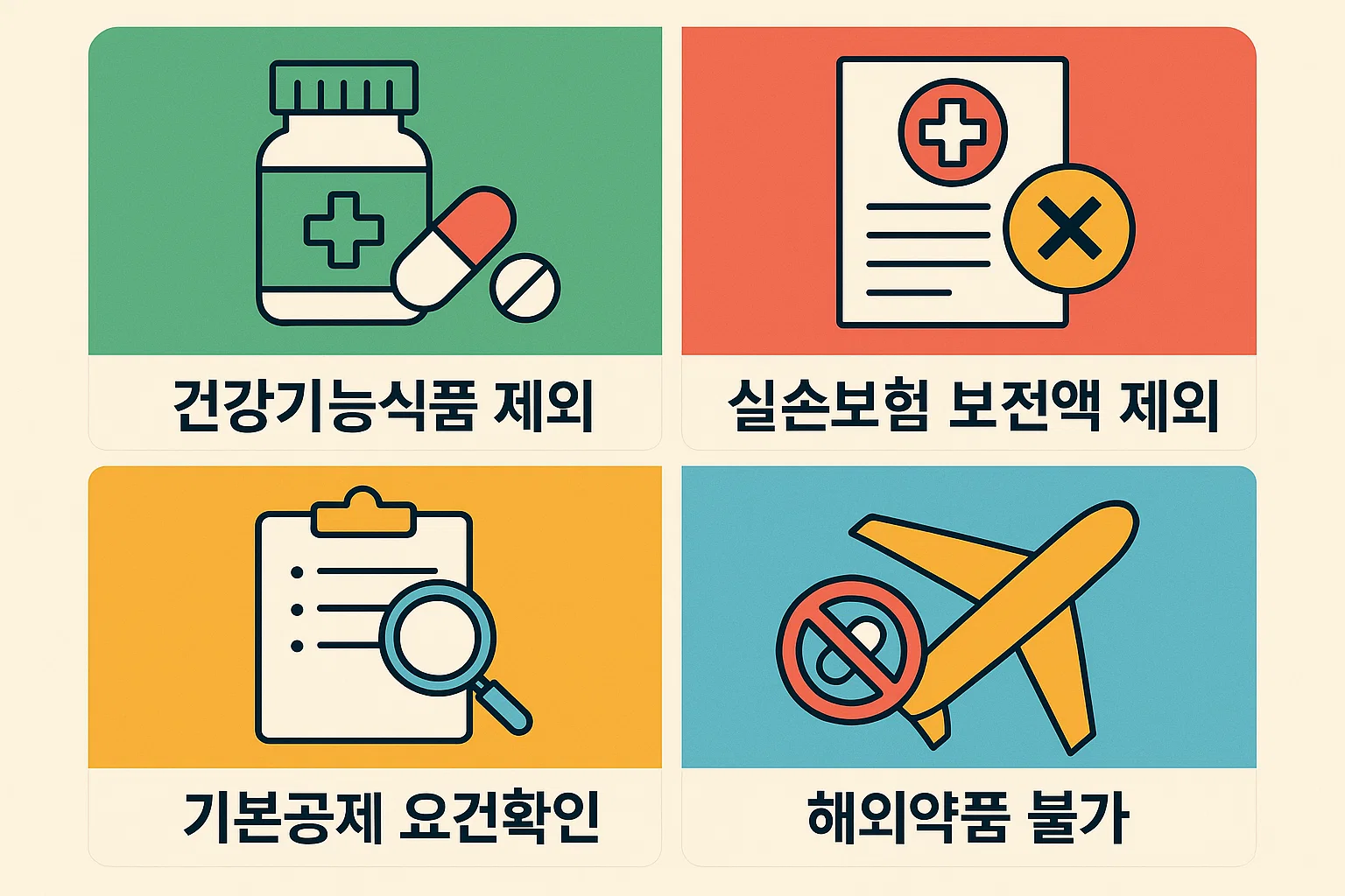 건강기능식품 제외, 실손보험 보전액 제외, 기본공제 요건 확인, 해외약품 불가 등 놓치기 쉬운 오류 사례를 정리한 인포그래픽입니다.