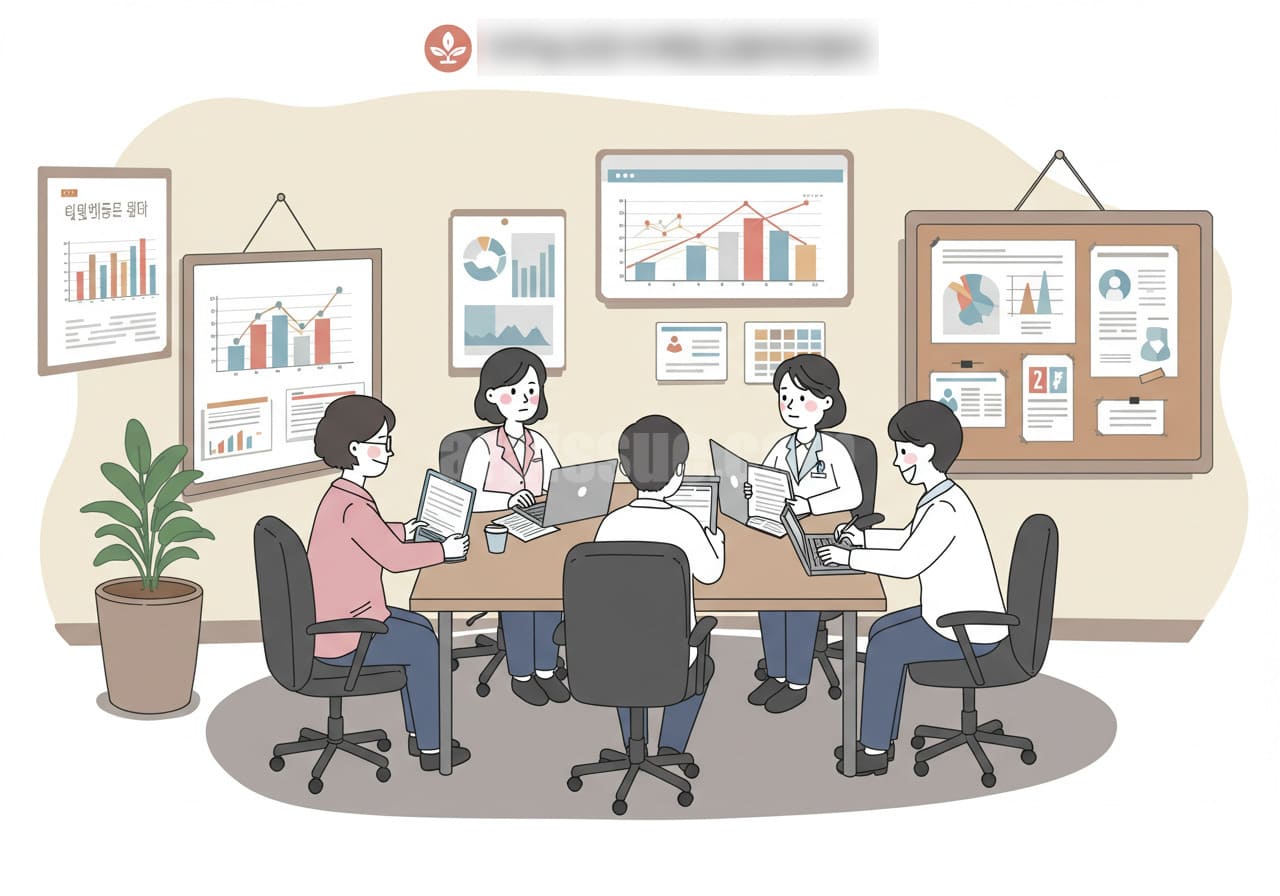 한국 장기요양기관 직원들이 회의실에서 새로운 시설급여 평가매뉴얼을 검토하는 장면. 배경은 차트, 게시판, 사무용 가구 등으로 가득 차 있으며, 서비스 질 향상을 위한 내부 점검 분위기를 표현한 이미지.