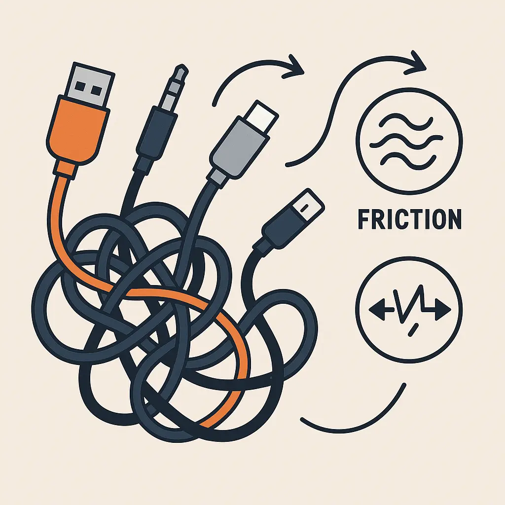 뒤엉켜-엉킨-전선-무리와-마찰-아이콘이-함께-배치되어-전선이-자주-꼬이는-원인을-시각화한-인포그래픽