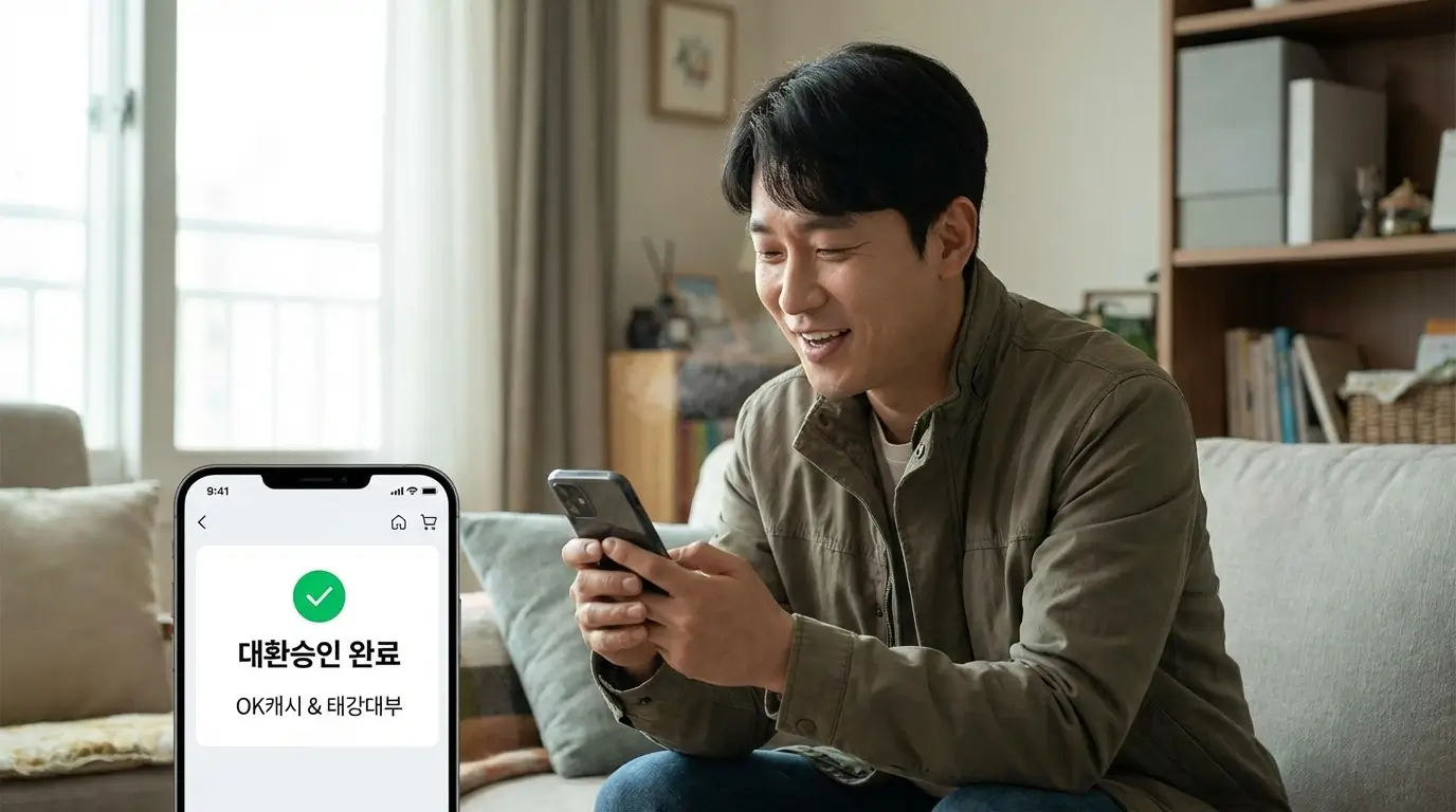 오케이 앤 캐시 대환 및 태강 대부 모바일 승인으로 안도하는 모습