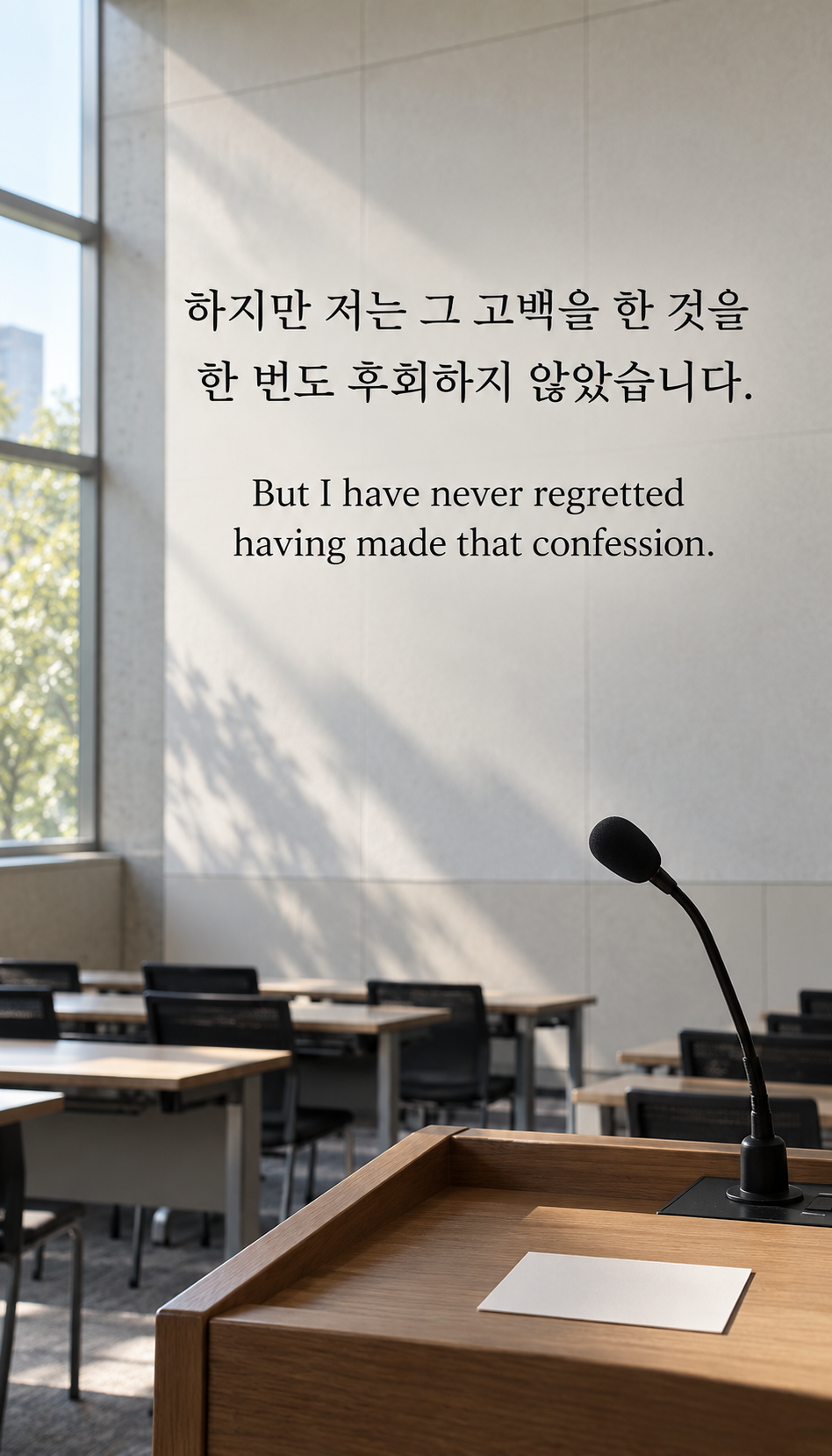 하지만 저는 그 고백을 한 것을 한 번도 후회하지 않았습니다. &mdash; 빈 강의실의 마이크와 메모 카드, 디지털카메라 사진풍