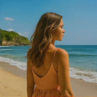 발리의 고운 모래 해변&amp;#44; 해변을 바라보는 여성 여행자&amp;#44; 해변 파라솔과 의자가 어우러진 3장 이미지