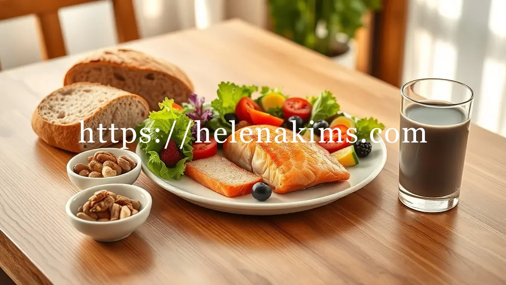 깔끔하고 고급스러운 원목 식탁 위에, 신선한 연어 스테이크, 다채로운 유기농 채소 샐러드, 따뜻한 통곡물 빵이 정갈하게 놓여있다. 옆에는 견과류(호두 등)와 신선한 베리류가 담긴 작은 그릇, 그리고 서리태 두유 한 잔이 함께 놓여 있는 풍성하고 균형 잡힌 건강 식단을 시각적으로 강조한 이미지.