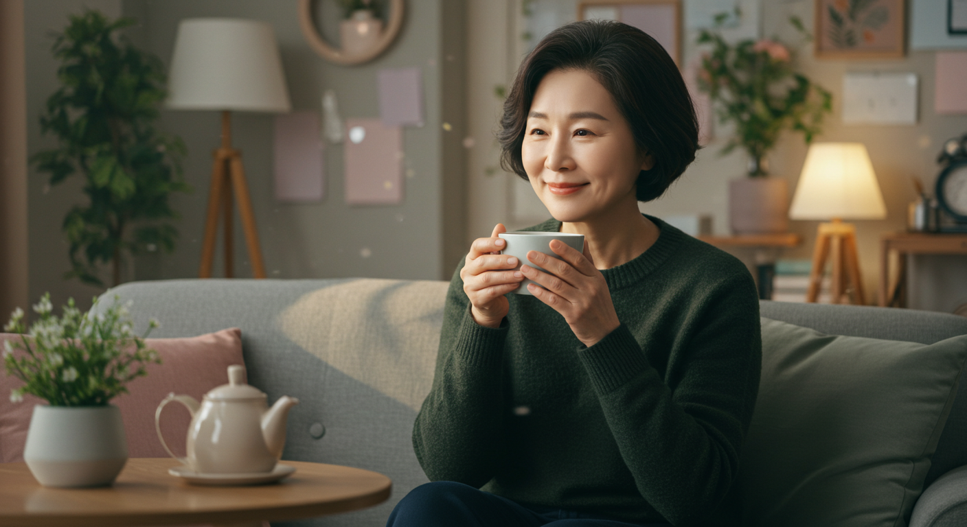 워크숍 후 휴식 중인 여성