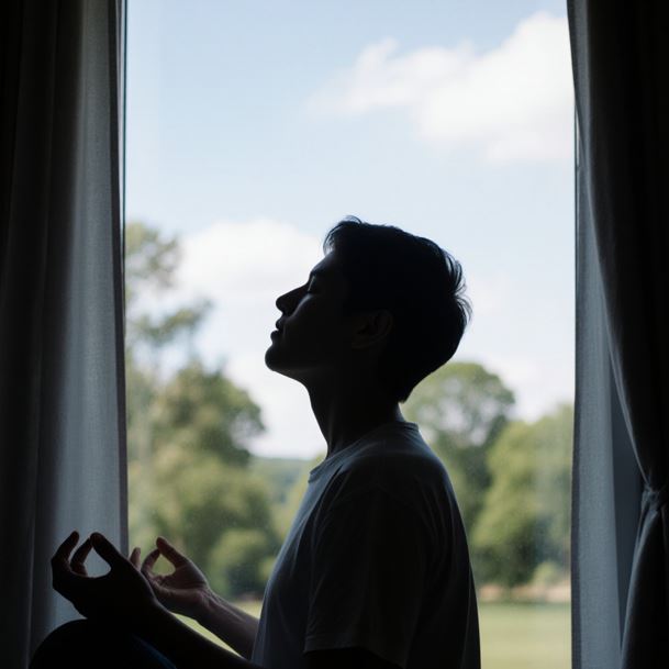 자연광이 들어오는 창가에서 명상을 하는사람이 편안한 자세로 앉아서 눈을 감고 있는 장면