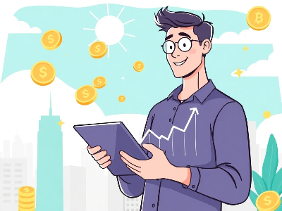 한 남자가 테블릿을 보며 웃고 있고 주변에 코인이 떠다니는 이미지