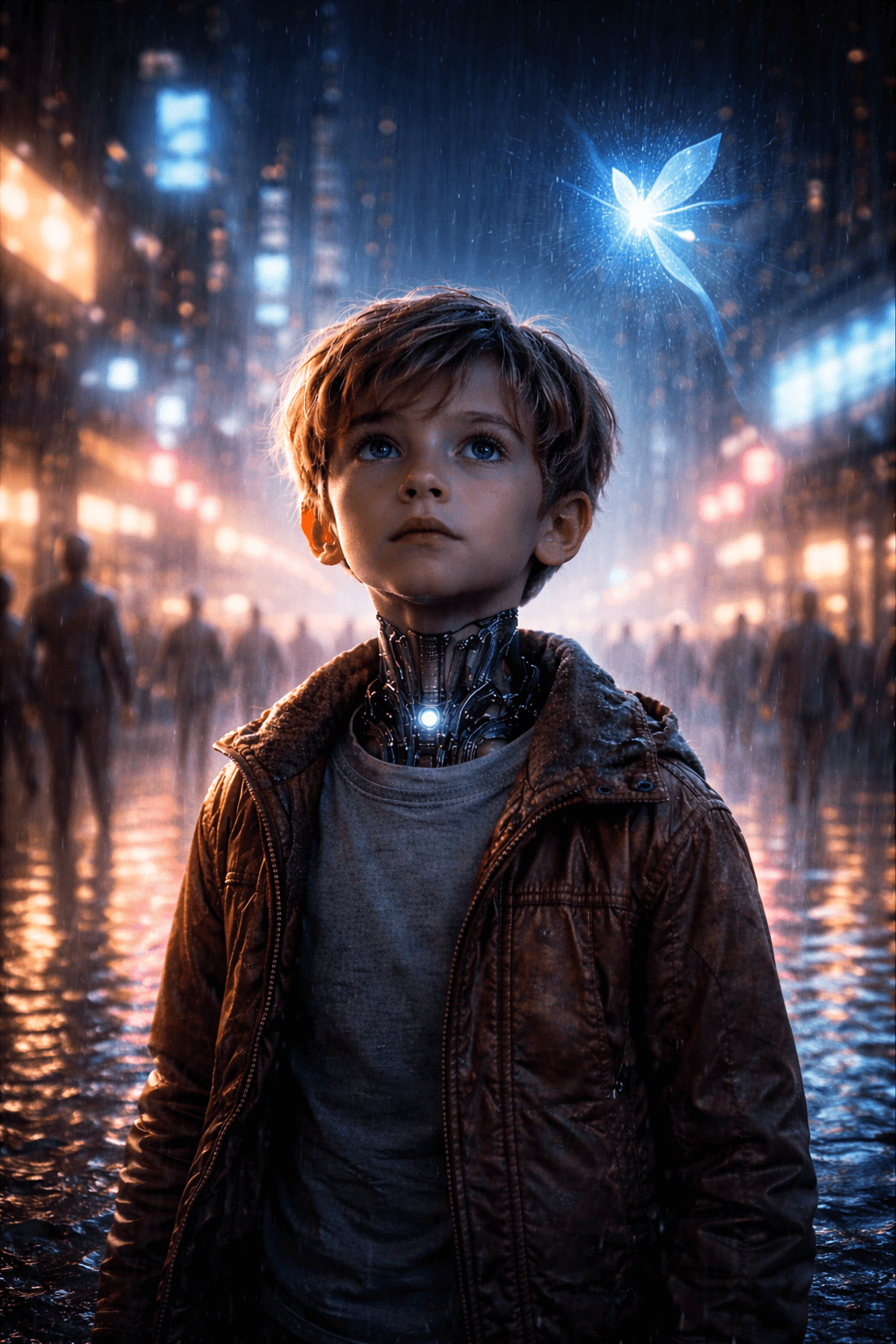 비 내린 도시에서 인간을 닮은 로봇이 푸른 빛을 올려다보는 감성 SF 장면