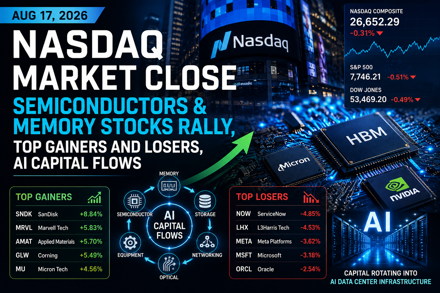 Nasdaq market close August 17 2026 showing semiconductor and memory stock strength, 30-year Treasury yield at 5.31%, top gainers and losers, and AI capital flows.