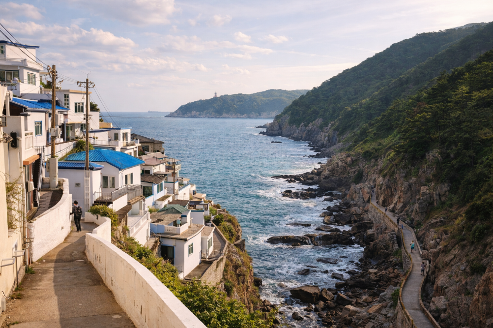 부산 영도 흰여울문화마을의 흰 골목과 푸른 바다가 어우러진 해안 풍경