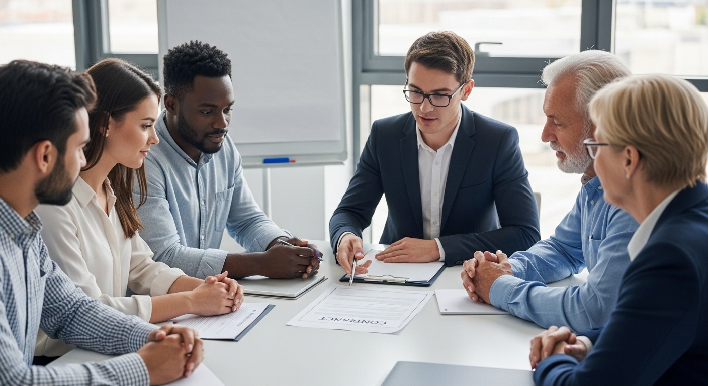 부동산 전문가와 함께 매매 계약서 내용을 상세히 검토하고 상담받는 사람들