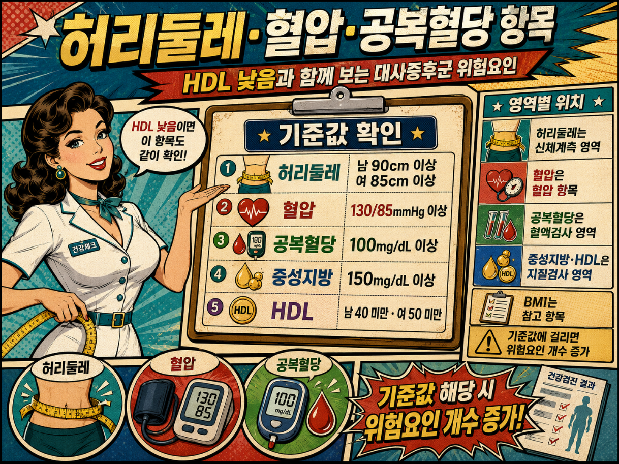HDL 낮음과 함께 허리둘레, 혈압, 공복혈당, 중성지방 기준값을 확인하는 대사증후군 위험요인 인포그래픽