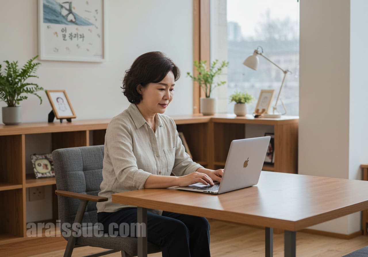 현대적이고 깔끔한 사무실에서 노트북을 통해 갱년기 여성 지원 프로그램을 탐색하는 50대 한국 여성. 자연광이 들어오는 공간에서 작업을 진행하고 있습니다.