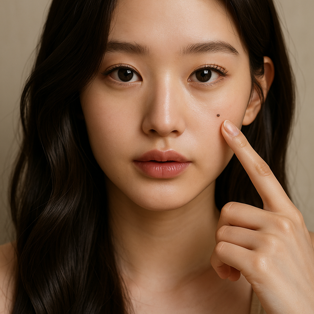 얼굴에 점을 가르키고 있는 여성