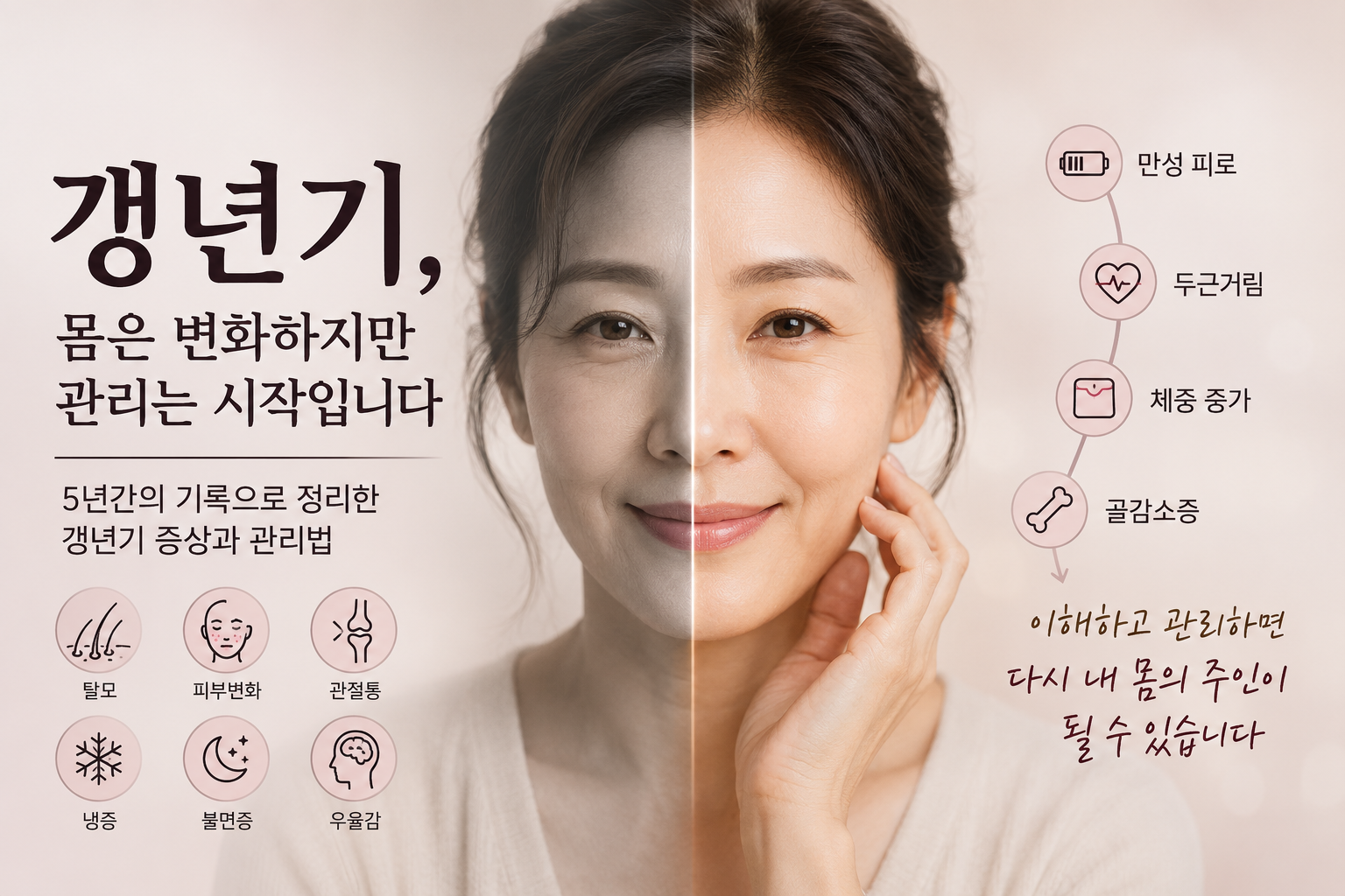 갱년기 증상을 상징적으로 표현한 이미지, 피부 건조·탈모·관절통·피로 등 다양한 신체 변화를 나타냄