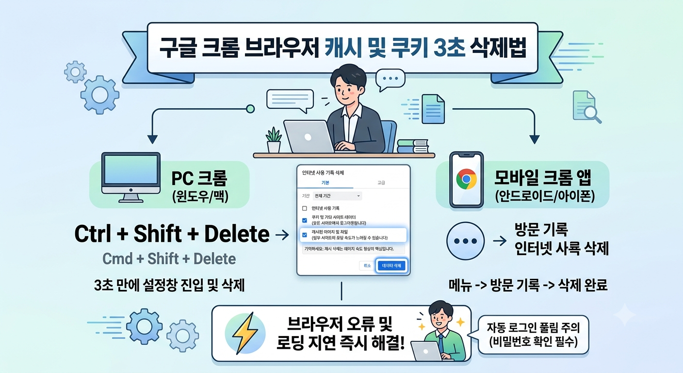 구글 크롬 브라우저에서 인터넷 사용 기록 캐시 및 쿠키 삭제 설정 화면 가이드