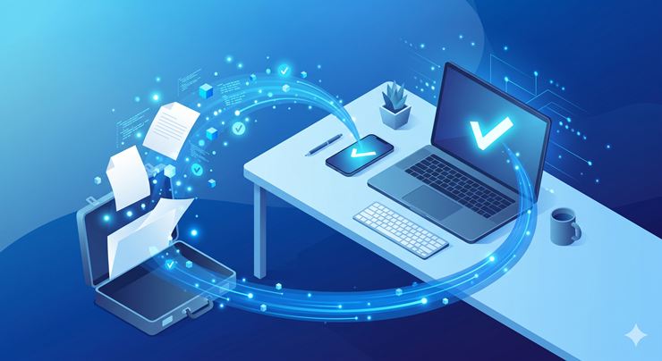 스마트폰과 노트북을 이용해 간편하게 전기요금 지원을 신청하는 과정을 표현한 아이소메트릭 일러스트