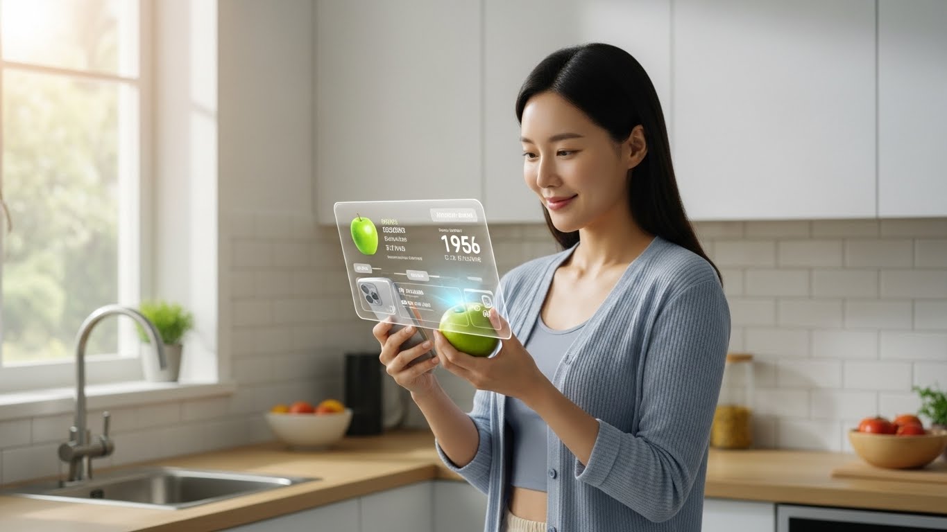 스마트폰 앱을 통해 과일의 영양 데이터와 혈당 예측 수치를 실시간으로 스캐닝하는 한국인 여성의 모습