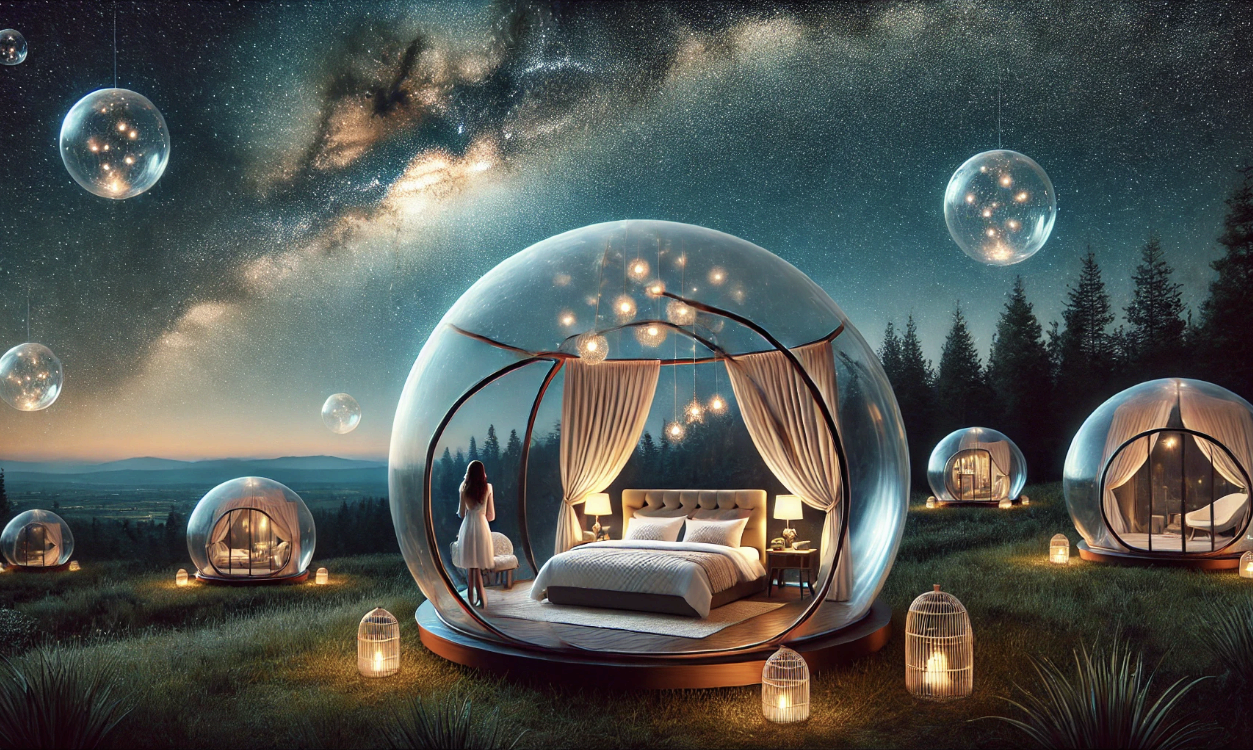 거대한 버블 호텔에서 별을 보며 잠드는 로맨틱한 경험