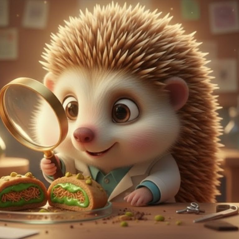 돋보기로 음식을 관찰하는 고슴도치 캐릭터