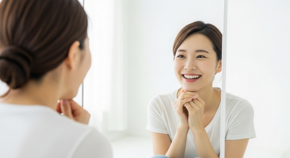 거울 앞에서 건강한 미소를 짓는 여성