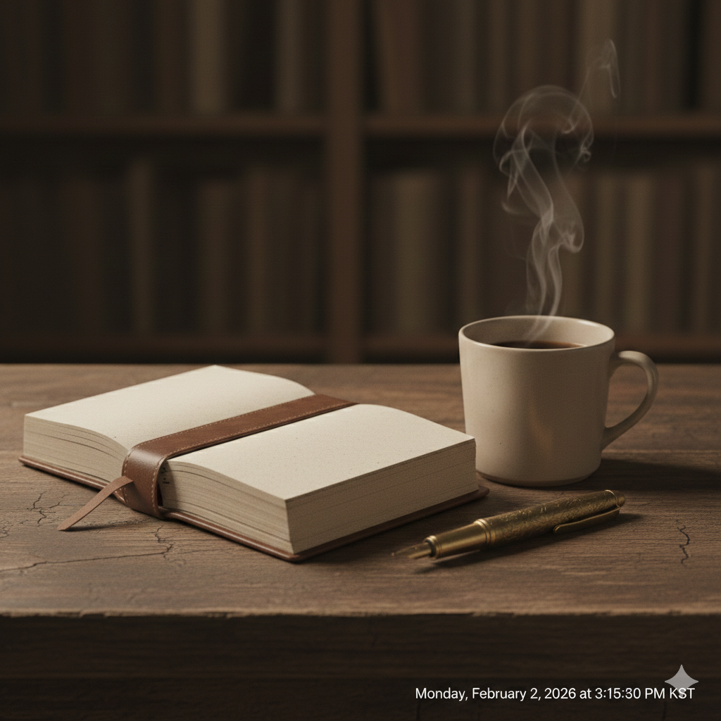 뜨거운 커피한잔과 노트와 펜이 책상위에 놓여 있는 이미지. 새로운 구상을 위해 많은 시간을 보냈다