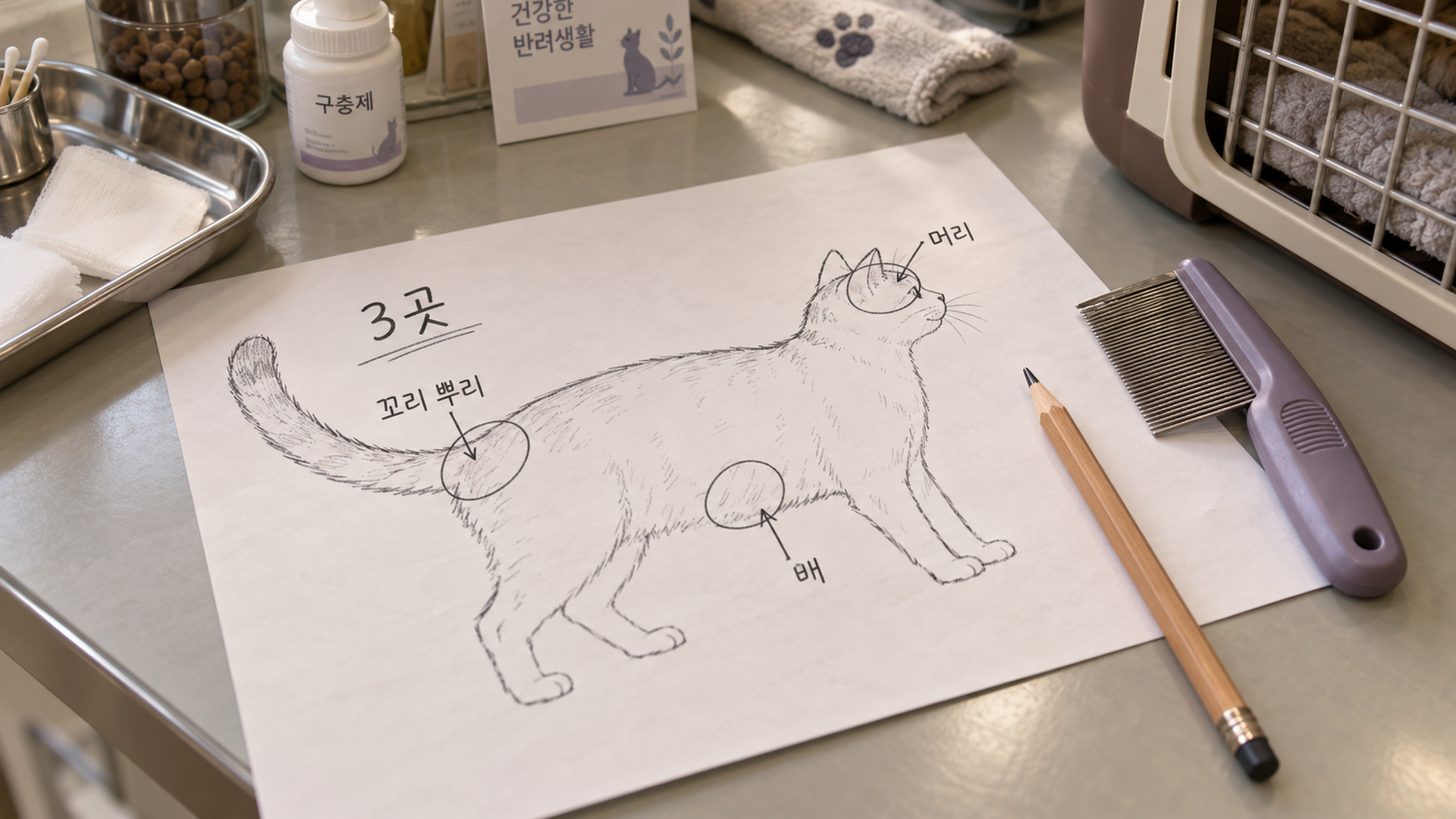 진료실 책상 위에 털 빠진 자리를 표시한 고양이 몸 그림 메모