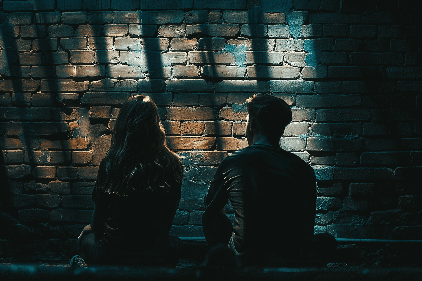 벽돌로-둘러쌓인-어두운-공간에-앉아-있는-두-남여