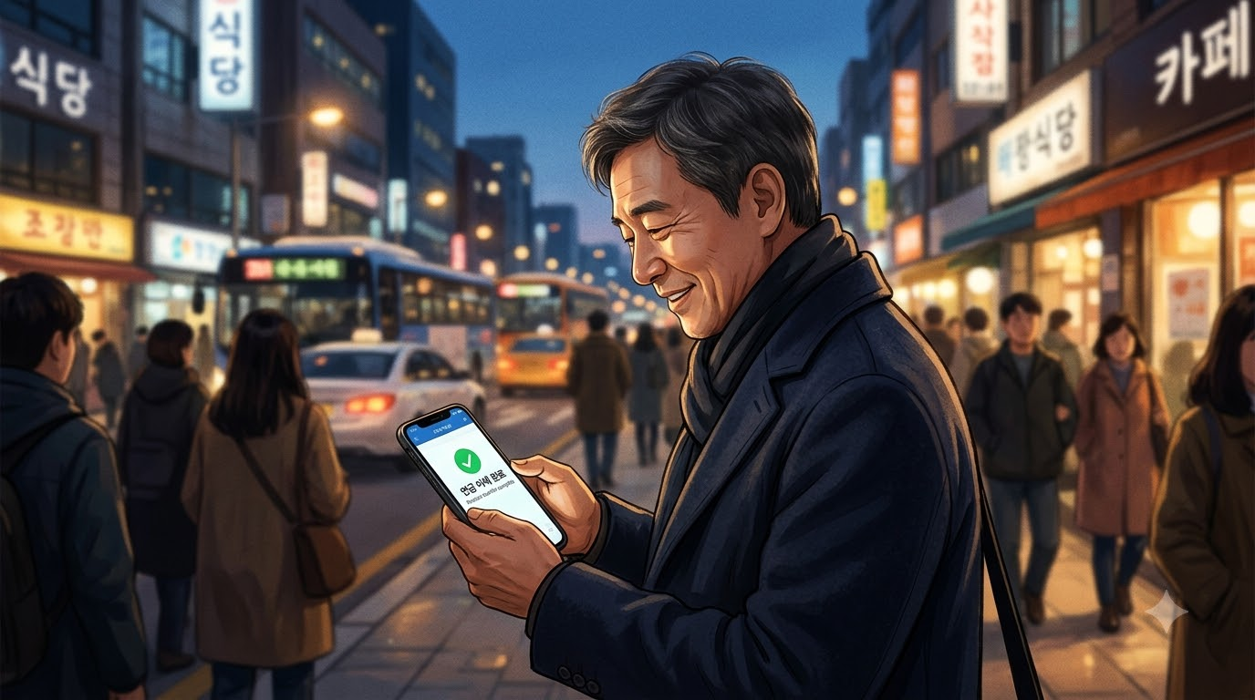 저녁 퇴근길, 50대 남성이 휴대폰 속 ISA 만기 알림을 보며 미소 짓고, 화면엔 연금 이전 완료 표시