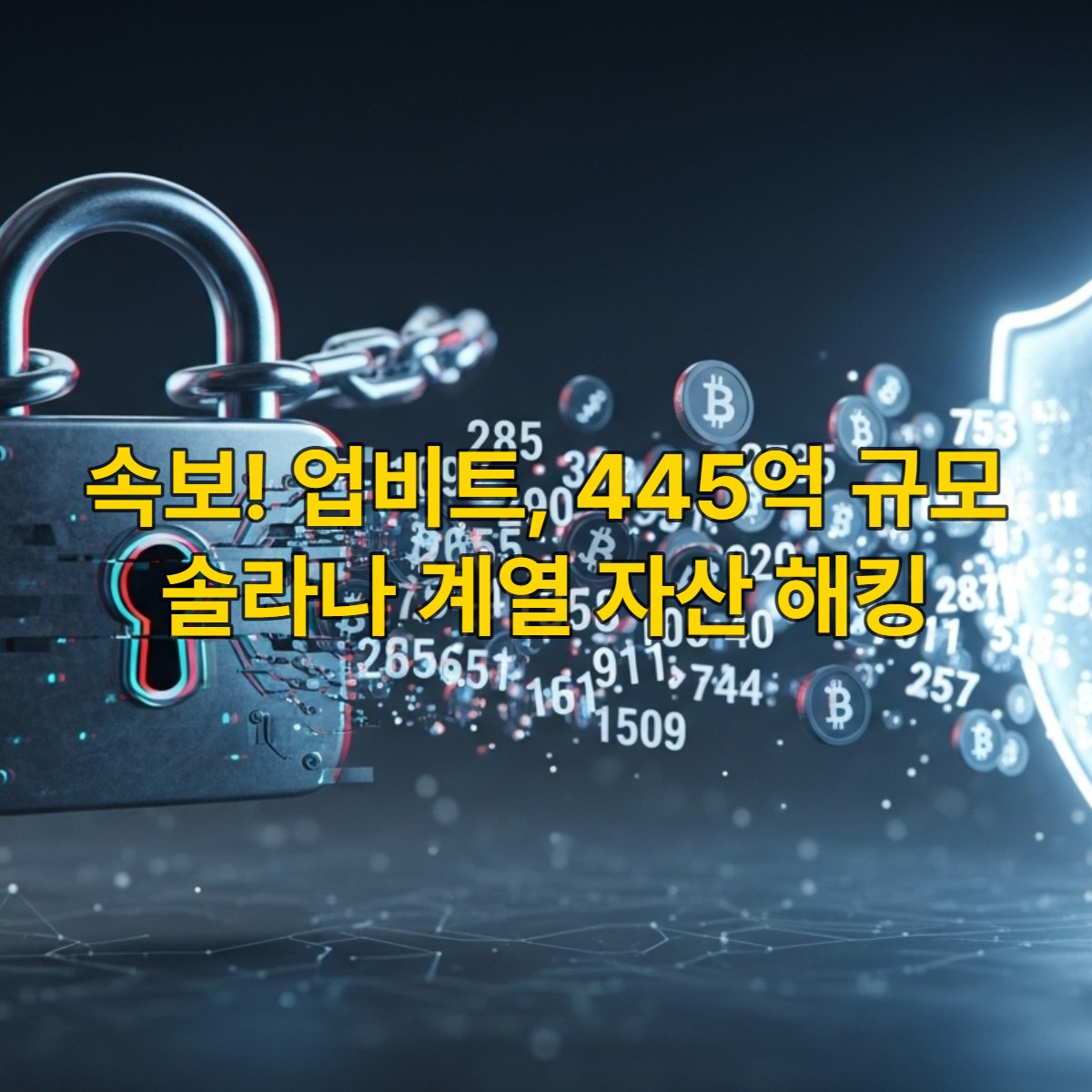 디지털 자물쇠가 깨지고 암호화폐가 흘러나가는 모습으로, 업비트 해킹 사고로 인한 보안 침해와 자산 탈취의 위험을 시각적으로 표현한 이미지