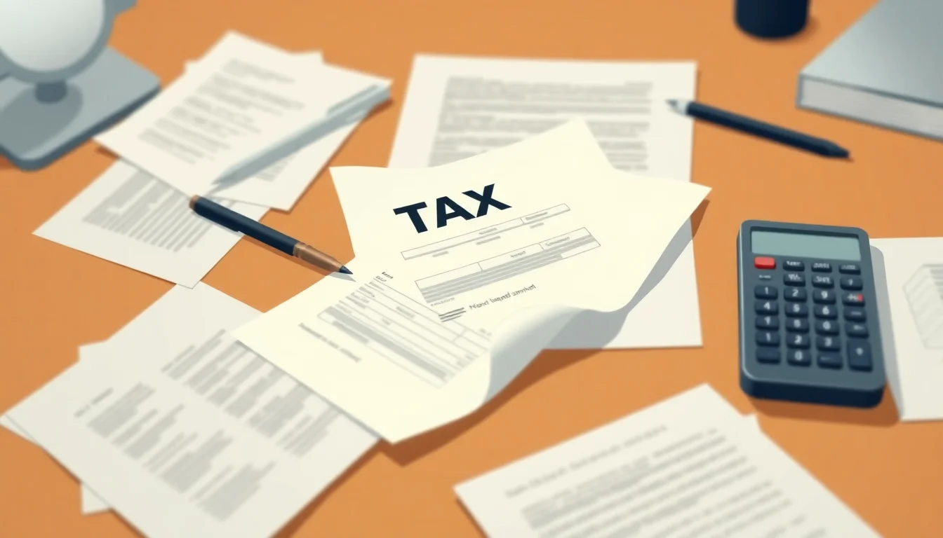 세금 계산서와 필기구가 놓여있는 책상