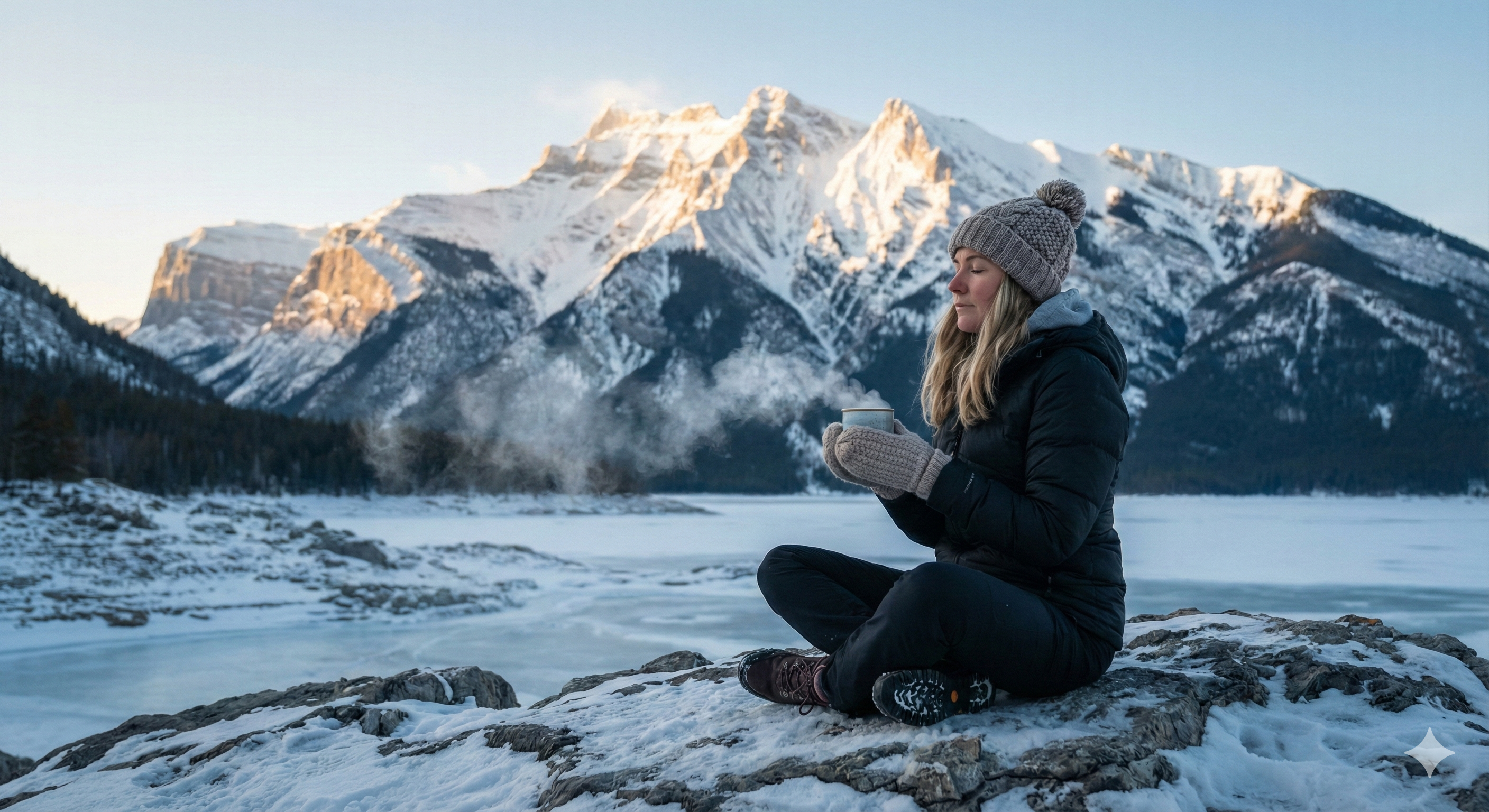 장엄한 겨울 산을 배경으로 차가운 바위 위에서 온기를 느끼며 명상하는 여성