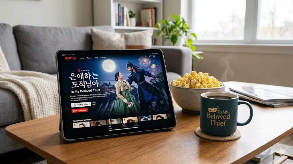 넷플릭스 은애하는 도적님아 메인 포스터가 띄워진 태블릿 화면과 함께 커피 한 잔을 놓고 주말 정주행을 준비하는 여유로운 방안 풍경