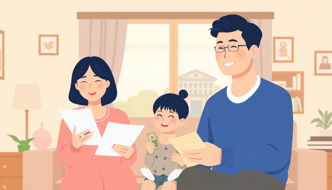 A Korean family of three, a mother, father, and child, looking relieved and smil