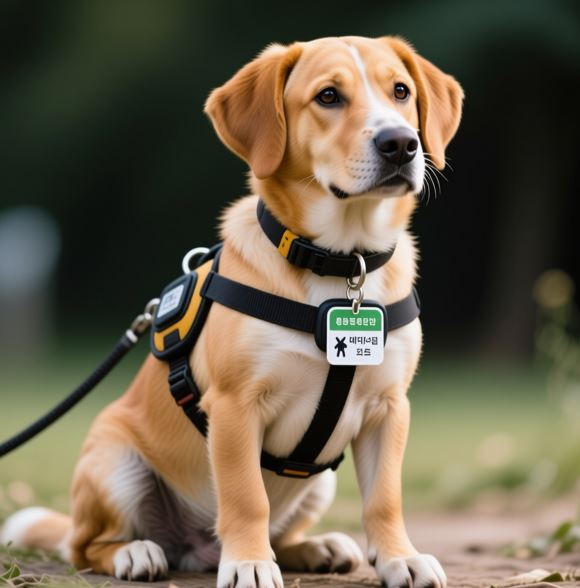 목걸이에 동물등록 인식표를 단 강아지의 모습