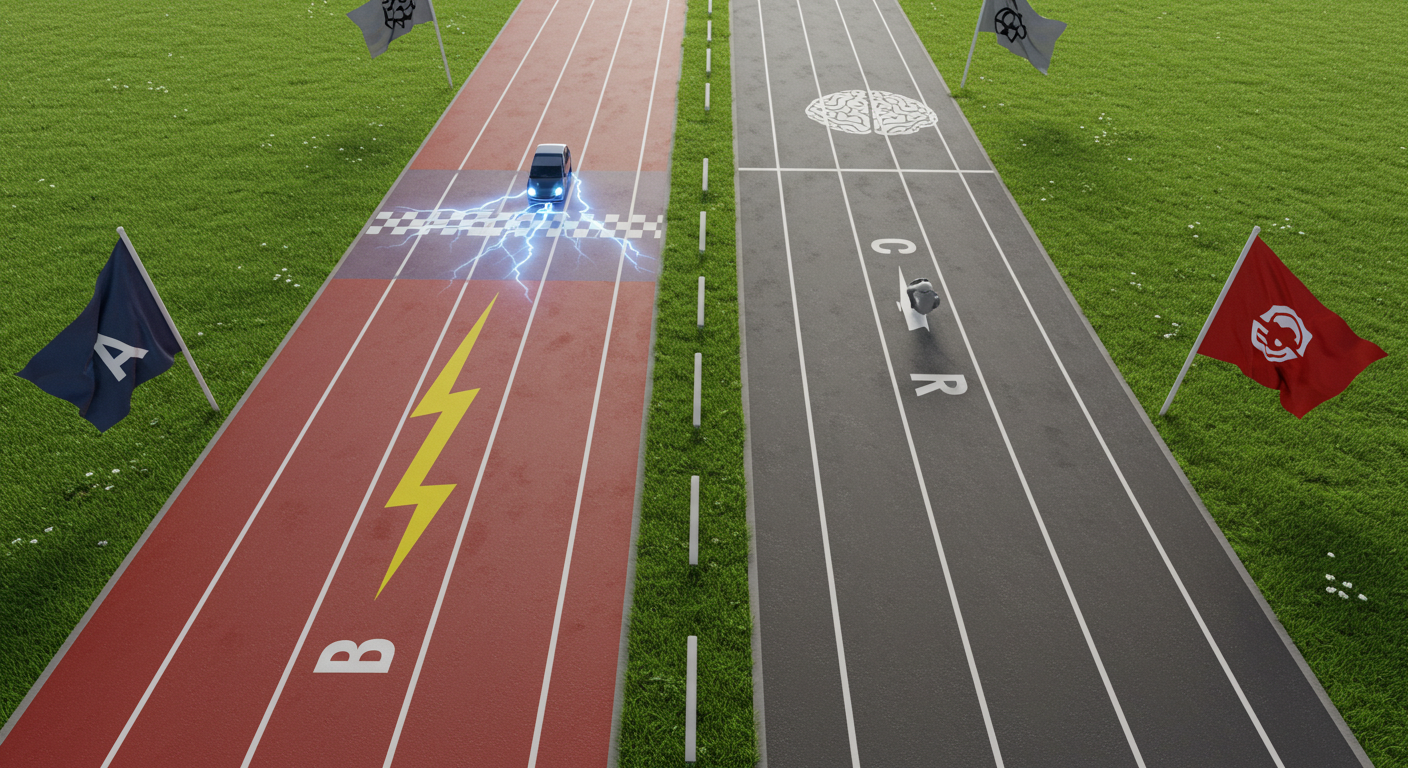 하나의 출발선에서 갈라지는 두 트랙: A는 즉시 적응을 상징하는 번개 깃발로, B는 기억 회피를 상징하는 두뇌 아이콘 깃발로 향하는 심벌릭 이미지