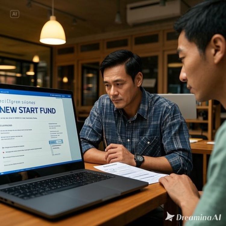 소상공인&middot;자영업자가 새출발기금 공식 사이트에서 신청, 사업자등록증&middot;소득증빙&middot;재산서류 파일을 확인하며, 온라인 셀프진단 및 결과통보 화면을 보는 모습