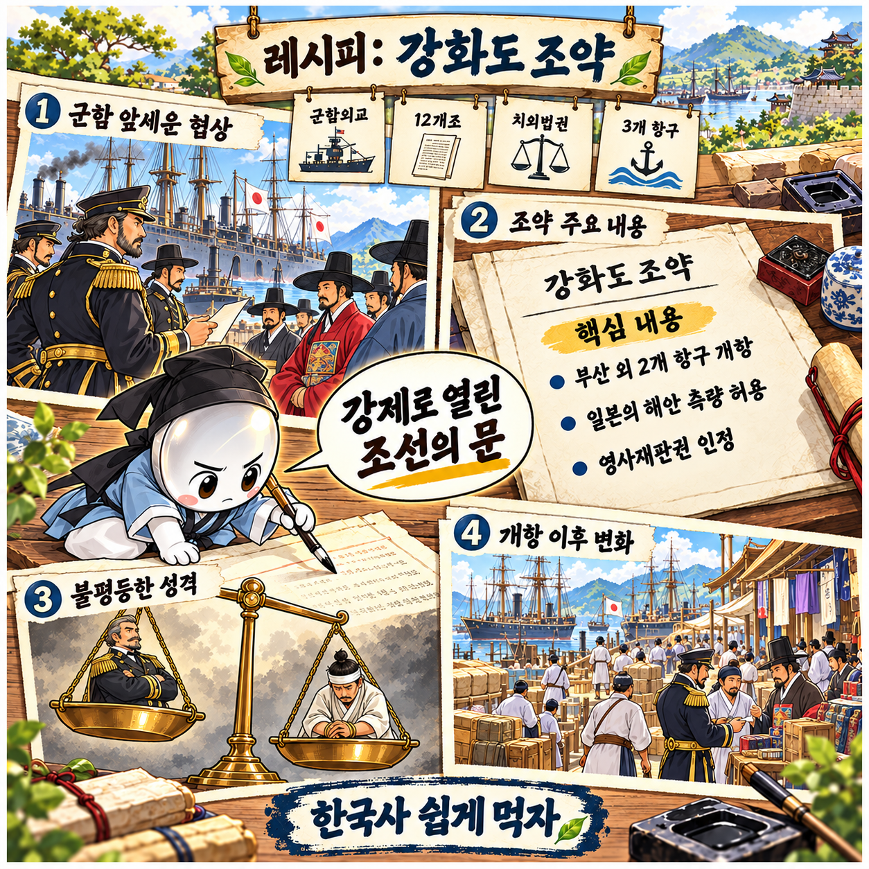 강화도 조약과 개항을 레시피 형식으로 요약한 인포그래픽 이미지