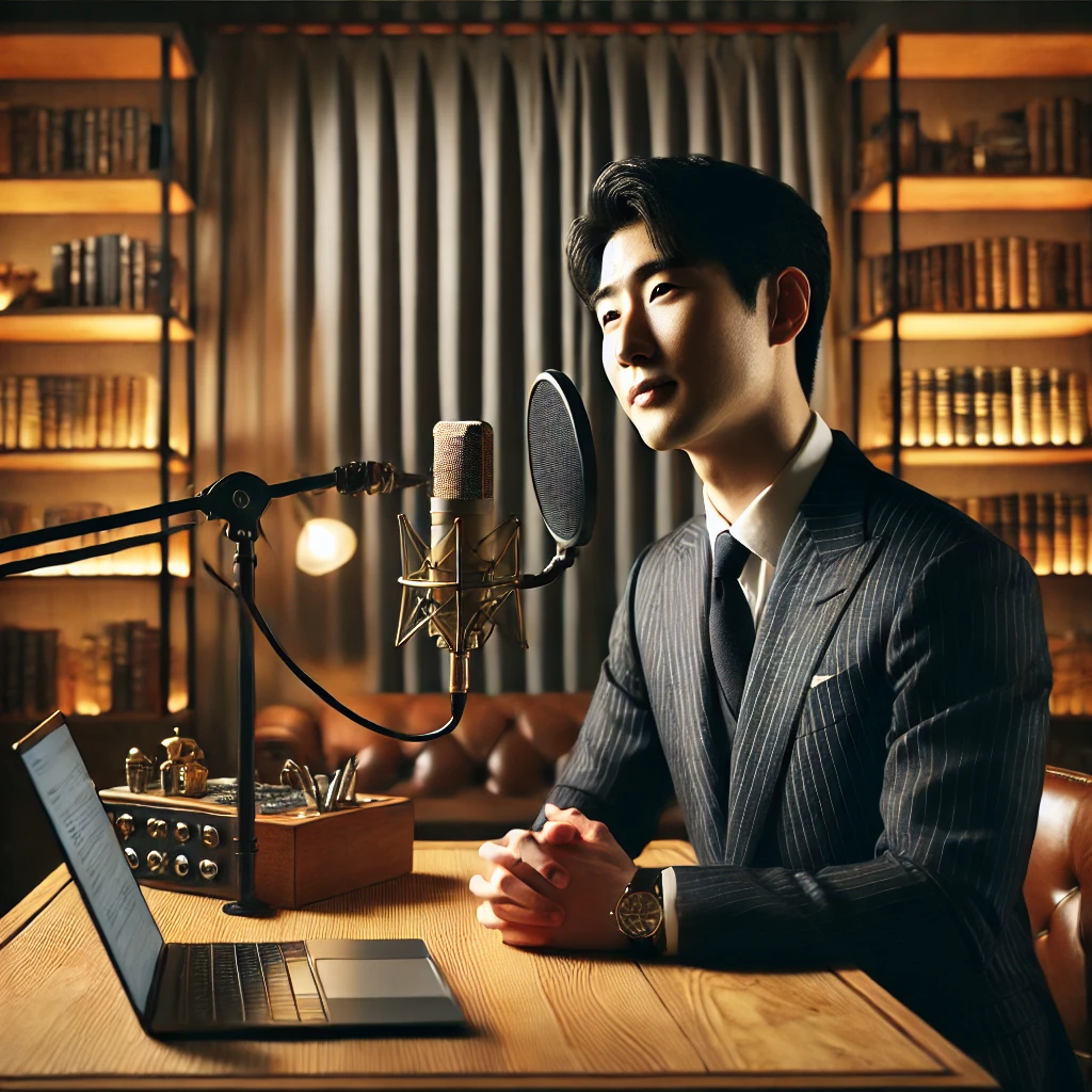 수트 차림의 한국인 전문가가 마이크 앞에서 미국 증시와 AI 투자에 대해 설명하는 모습