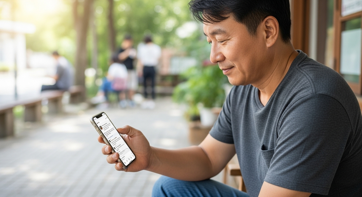 50대 남성이 스마트폰으로 댓글 확인하는 일상 장면