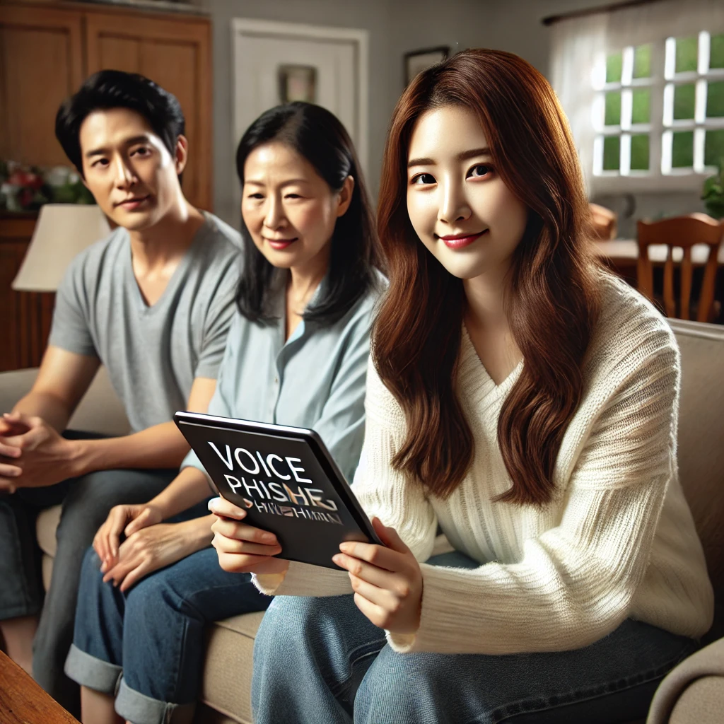 젊은 한국 여성이 가족과 함께 거실 소파에 앉아 태블릿으로 보이스피싱 예방법을 학습하는 모습. 가족 모두 진지하게 화면을 바라보고 있다.