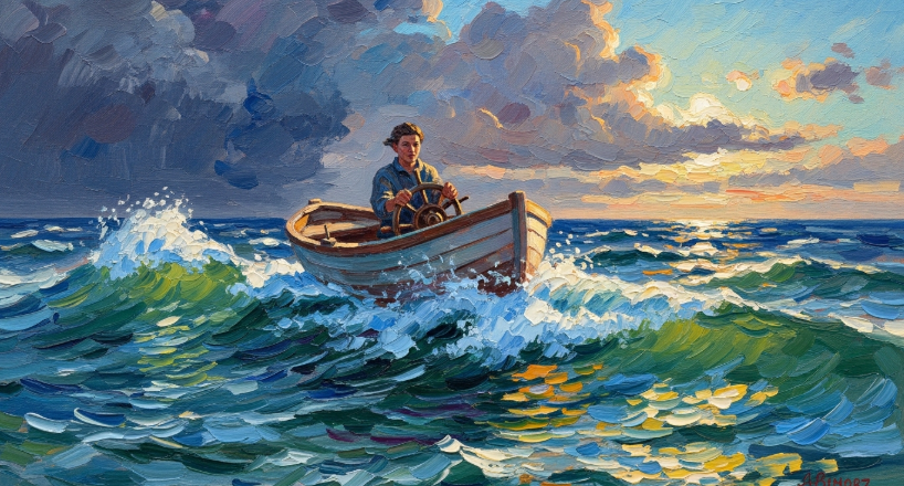 A metaphorical image of a person calmly steering a small, sturdy boat through a turbulent sea under a sky clearing from a storm. The person looks focused and confident, representing emotional control in financial markets.