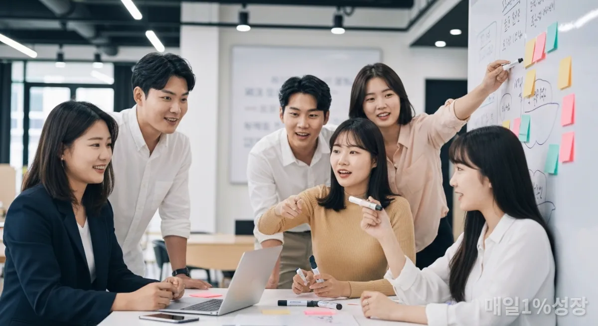 협업 공간에서 창의적인 아이디어를 브레인스토밍하는 한국 직장인들