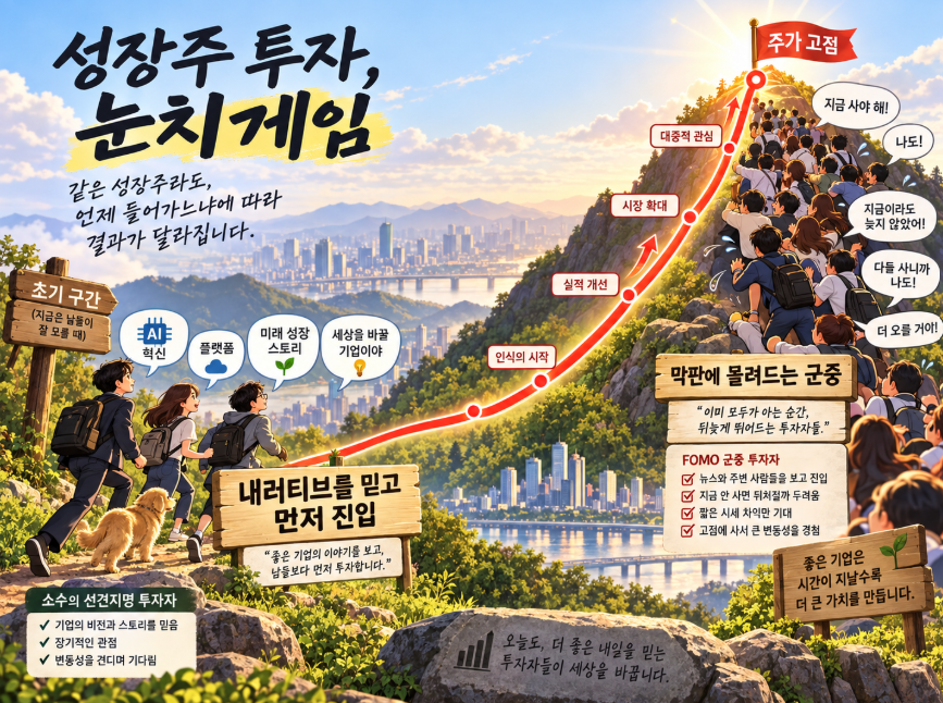 성장주 투자에서 내러티브를 따라 먼저 진입하는 사람들과 막판에 몰려드는 사람들을 눈치게임에 비유한 주가 곡선 일러스트