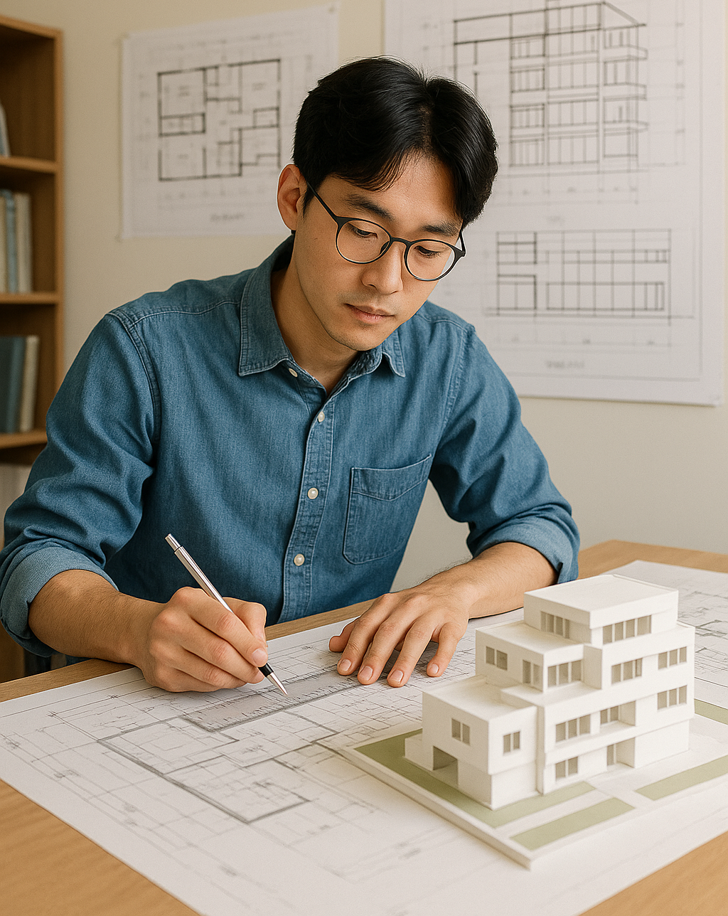 건축학과 남학생, 설계 작도하는 이미지