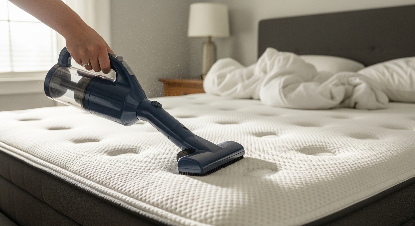 매트리스에 베이킹소다 가루를 뿌리고 진공청소기로 빨아들여 진드기와 냄새를 제거하는 건식 청소법