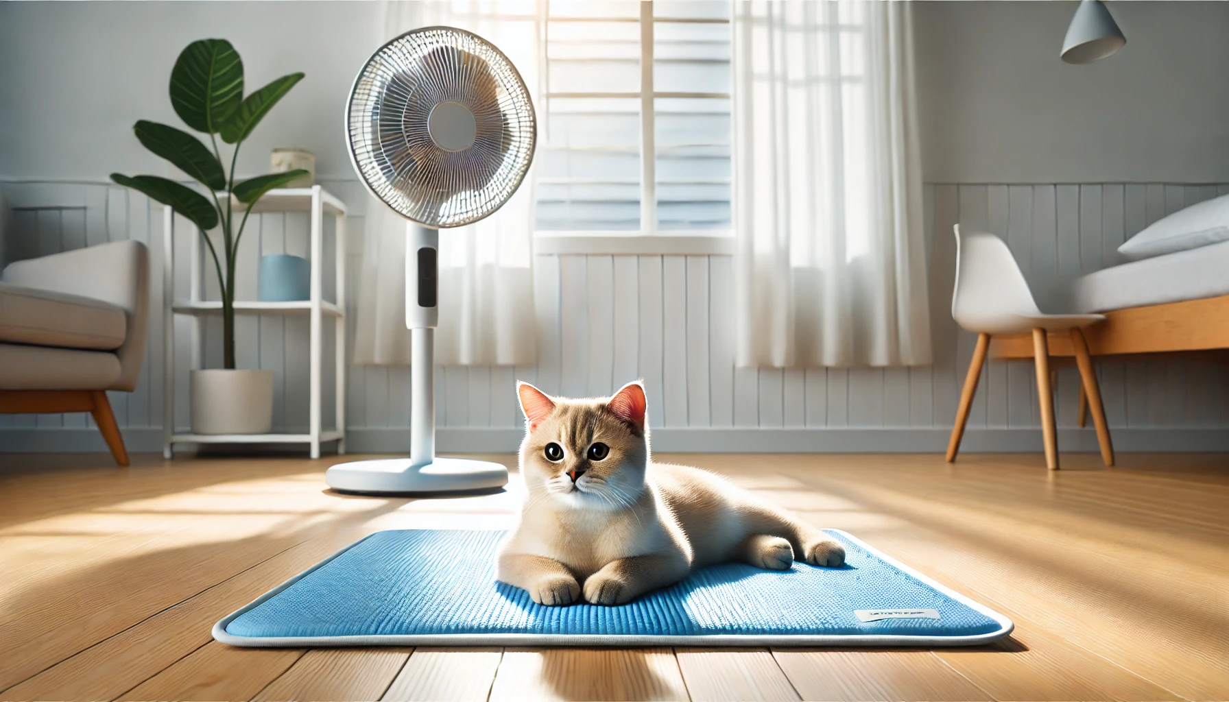 실내에서 쿨링 매트 위에 앉아 있는 고양이.