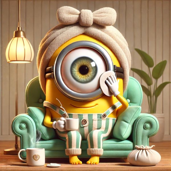 귀엽게 의인화된 눈알 캐릭터가 스스로 눈 위에 핫팩을 얹으며 눈 건강 관리를 하는 장면