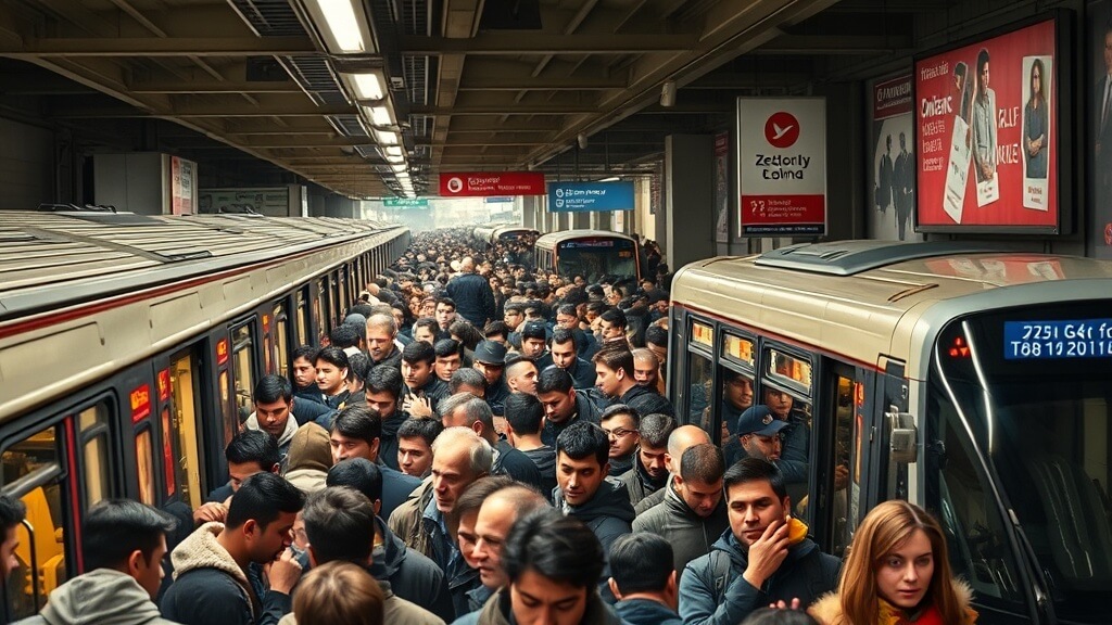 철도 총파업으로 인해 사람들로 가득 찬 만원 지하철과 도로를 가득 메운 버스, 그리고 힘겹게 이동하는 시민들의 모습