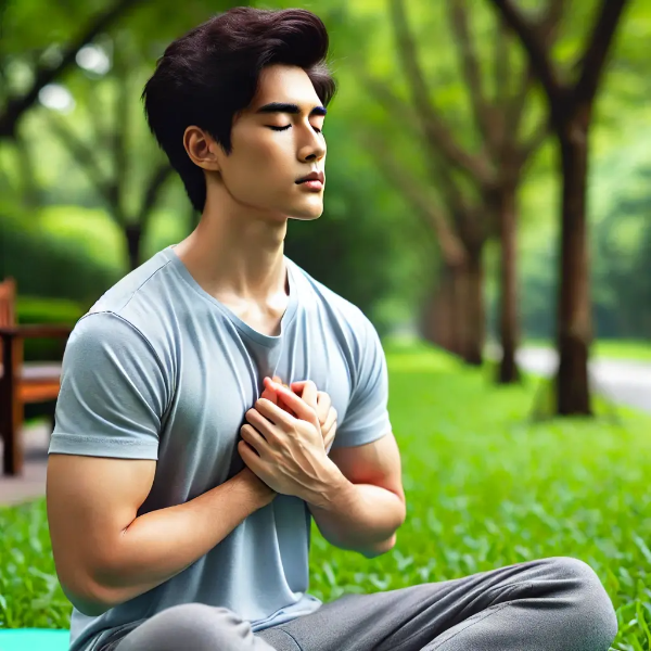 공원에서 심호흡 운동하는 젊은 아시아 남성