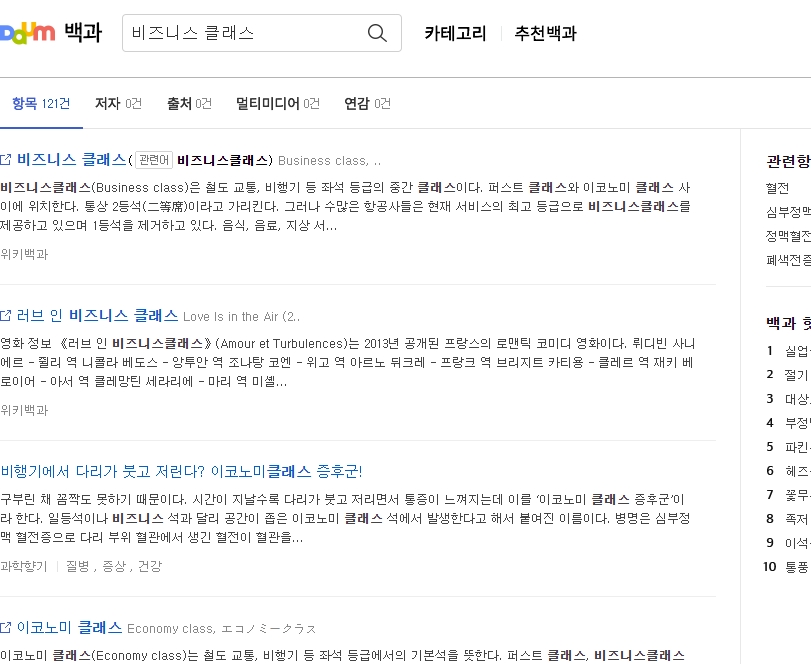 비즈니스 클래스에 대한 상세한 설명이 적힌 위키 정보글 캡처